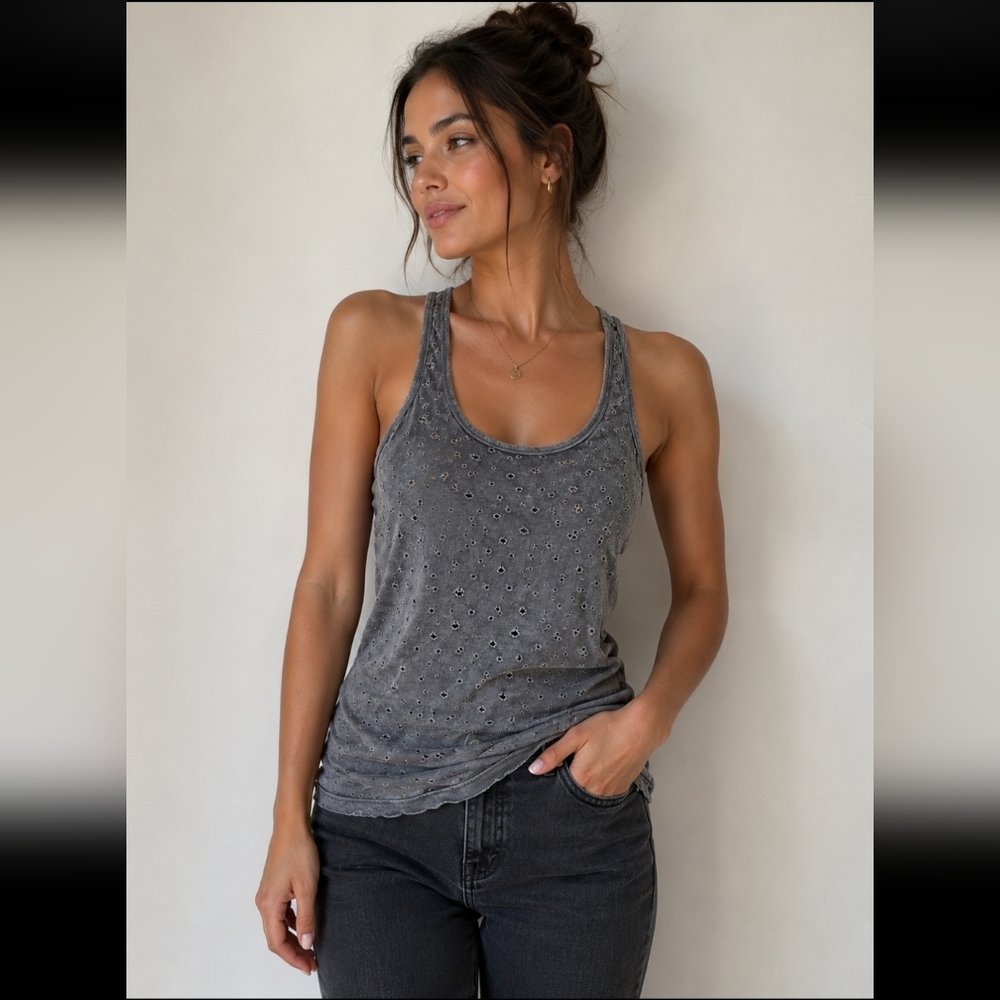 Washed Gray Eyelet Racerback Tank Top